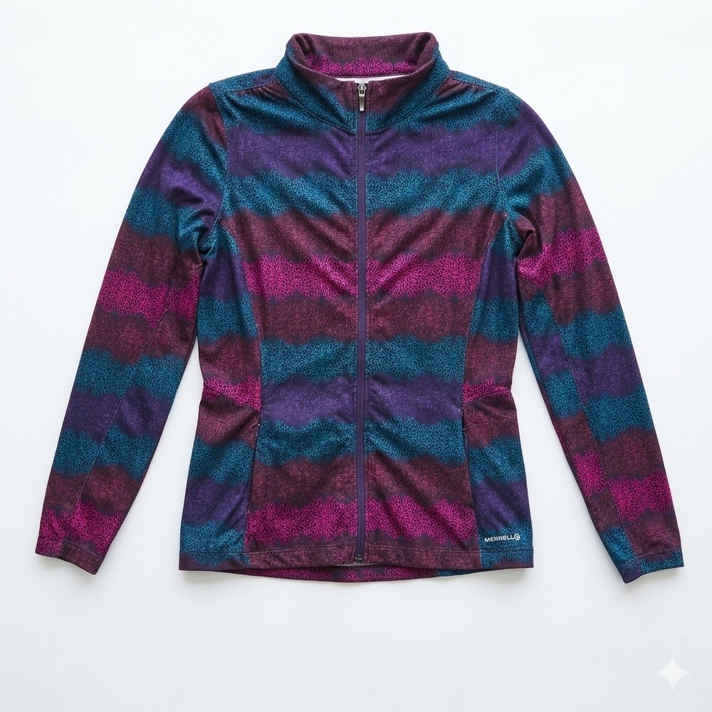 Merrell Opti-Wick Women Purple Pink Geometric Floral Full Zip Athletic Jacket M